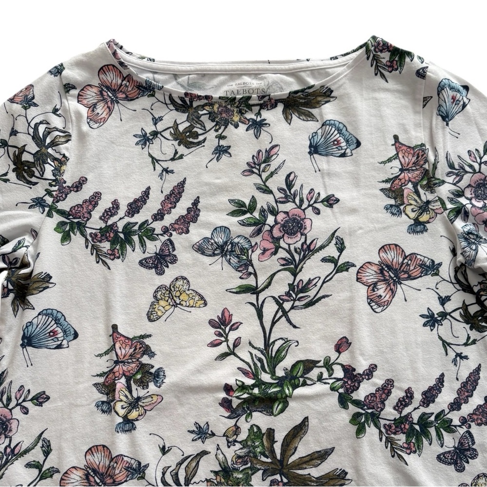 Talbots Cotton Butterfly Floral White Shirt Sz Large